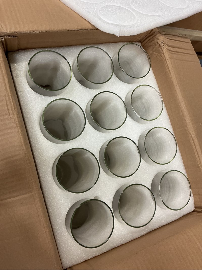 Condition photo showing New/Like New for 12 pcs hurricane candle holder sleeve, h:14\" d:2.5\" bottomless glass cylinder candleholder tall clear glass cylinder open both ends, chimney tube cover, open ended candle shade 2.5\"x14\"h 6