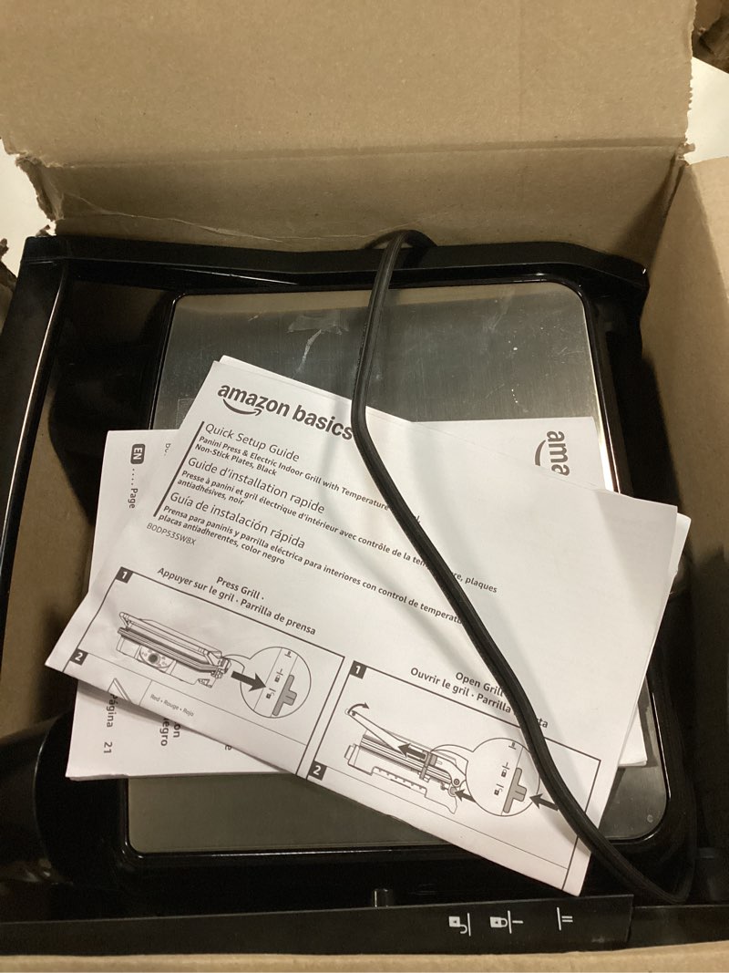 Condition photo showing Good Condition for Amazon Basics Panini Press & Electric Indoor Grill with Temperature Control, Non-Stick Ceramic Plates, Black