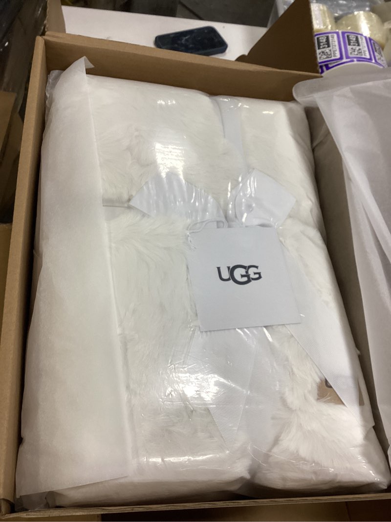 Condition photo showing New/Like New for ugg euphoria plush faux fur throw blanket medium weight reversible luxury soft throw for couch bed or chair hypoallergenic machine washable home decor fluffy blanket, 50-inch x 70-inch, white snow
