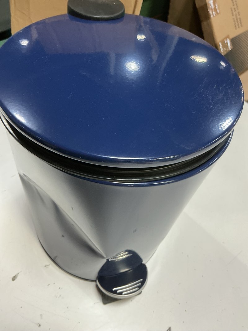 Condition photo showing As Is for mDesign Metal 1.3 Gallon/5 Liter Round Step Trash Wastebasket, Garbage Container Bin with Lid for Bathroom, Powder Room, Bedroom, Kitchen, Craft Room, Office - Removable Liner Bucket - Navy Blue