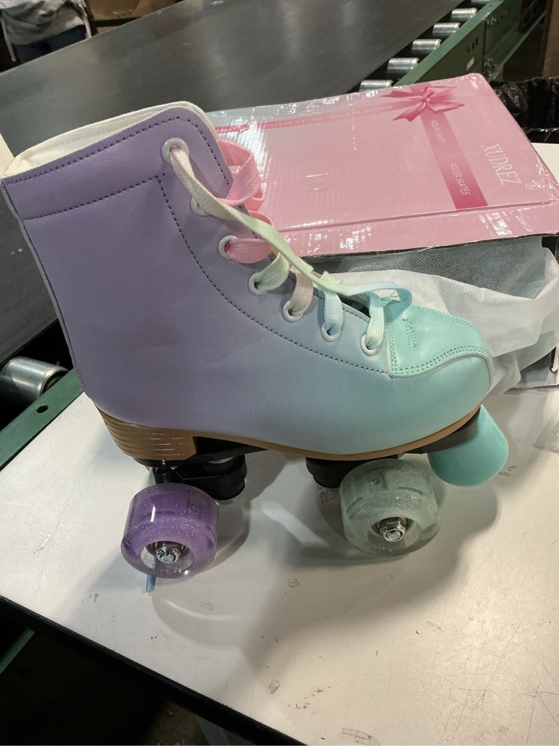 Condition photo showing New/Like New for roller skates for girls and women, pu leather gradient green purple roller skates with flash wheels, indoor outdoor roller skates for youth beginner girls ages 8-12 32-youth 1