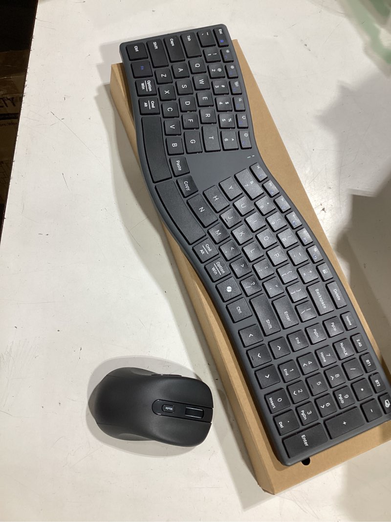 Condition photo showing Good Condition for meetion ergonomic keyboard and mouse wireless, split s-curve design, 2.4g wireless & dual bluetooth, slim low-profile rechargeable full size keyboard, 4 dpi mouse for windows mac pc laptop computer, q s shape black