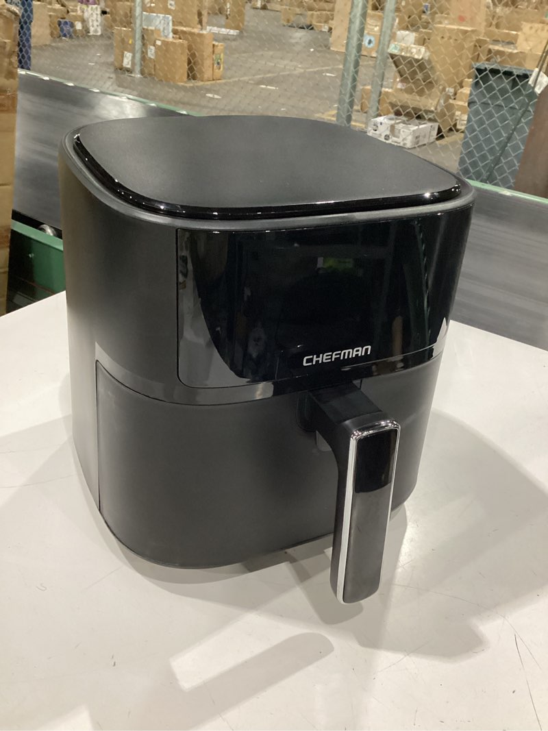 Condition photo showing New/Like New for chefman air fryer – 6 qt compact airfryer for quick & easy meals in minutes, features hi-fry technology for extra crisp, touchscreen controls with 4 presets, nonstick & dishwasher safe basket - black 6 quart - no window