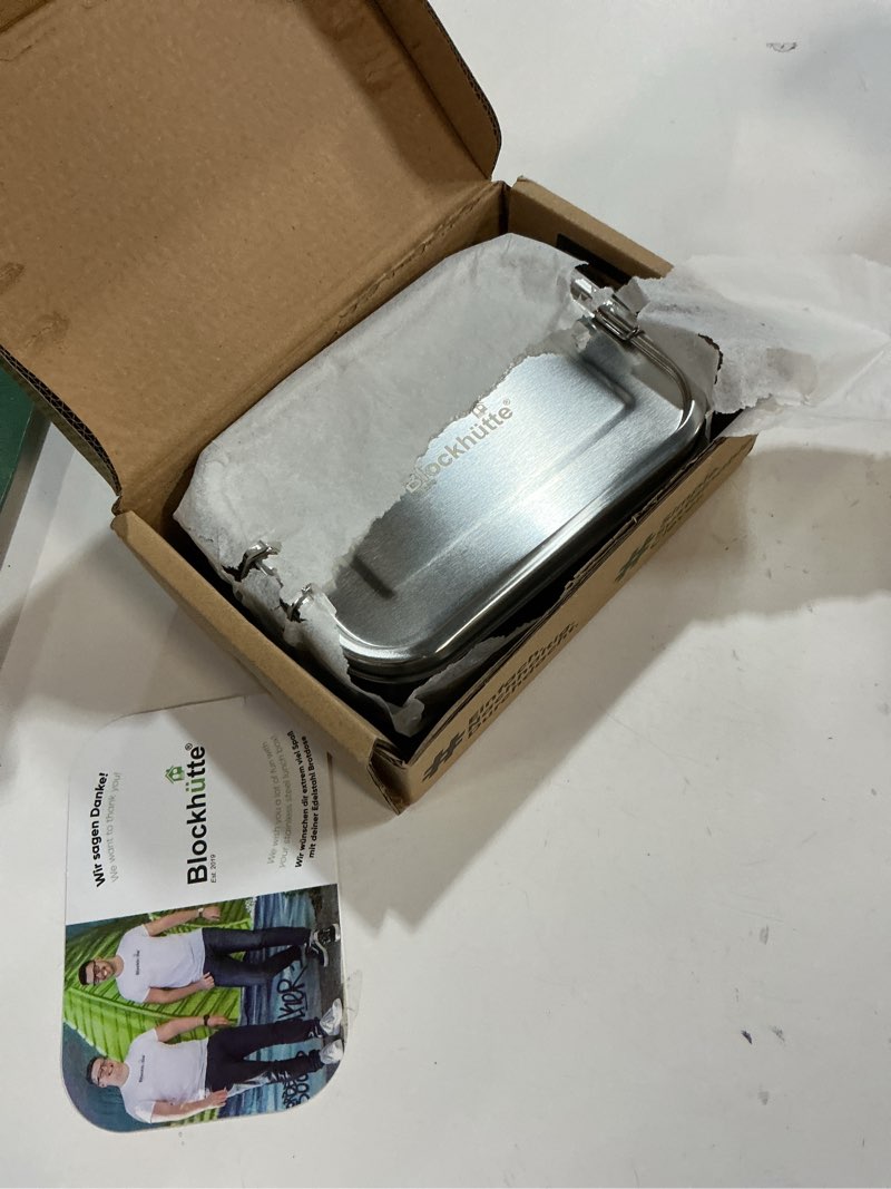 Condition photo showing Good Condition for Blockhütte Stainless Steel Lunch Box I 27oz I with free sealing I Bento Box 3 Compartments, Leak-Proof Food Containers, Metal Lunchbox for Travel & Work, Eco-Friendly Meal Storage Solution 27oz Silver