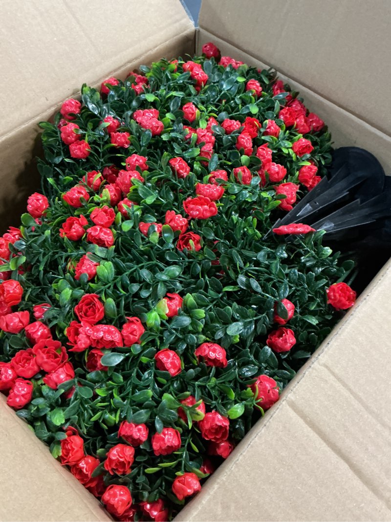 Condition photo showing Good Condition for Yangrass Artificial Rose Topiary Ball Trees with Ground Spike, 2 Pack 16 Inches UV Resistant Artificial Shrubs, Fake Evergreen Artificial Plant Brush for Indoor Outdoor Front Porch Garden Red Rose