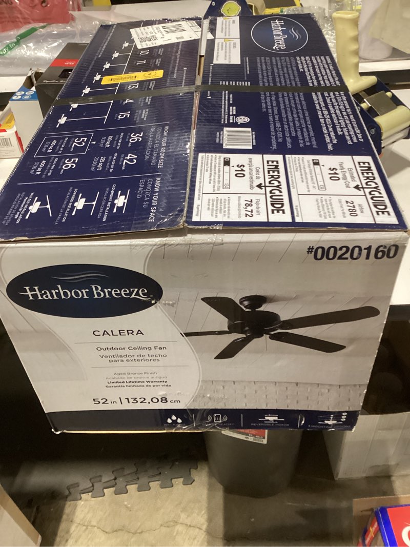Condition photo showing As Is for  harbor breeze calera 52-in bronze with aged bronze blades uncovered outdoor ceiling fan