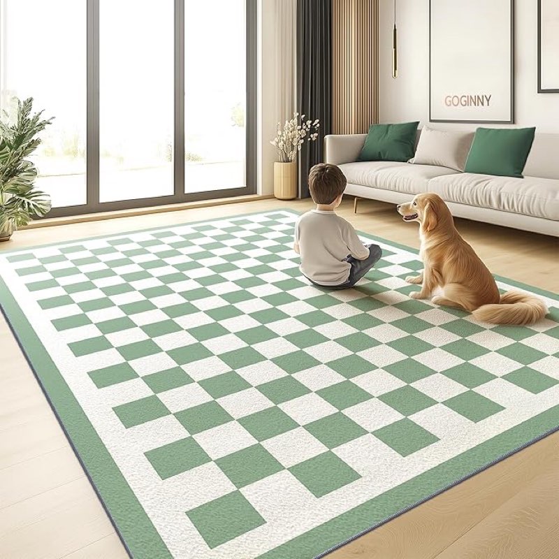 Washable 5x7 Checkered Area Rug for Living Room, Sage Green Checkerboard Modern Boho Large Rugs, Ultra Thin Low Pile Lightweight Indoor Carpet with Non-slip Backing for Bedroom Classroom Playroom Kids