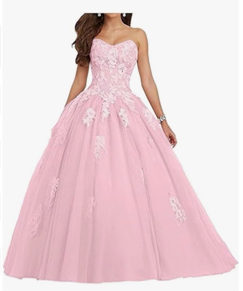 QXMYOO Ball Gown Sweet 16 Dress Quinceanera Formal Long Prom Dresses with Gold Applique 6 Style2- Pink