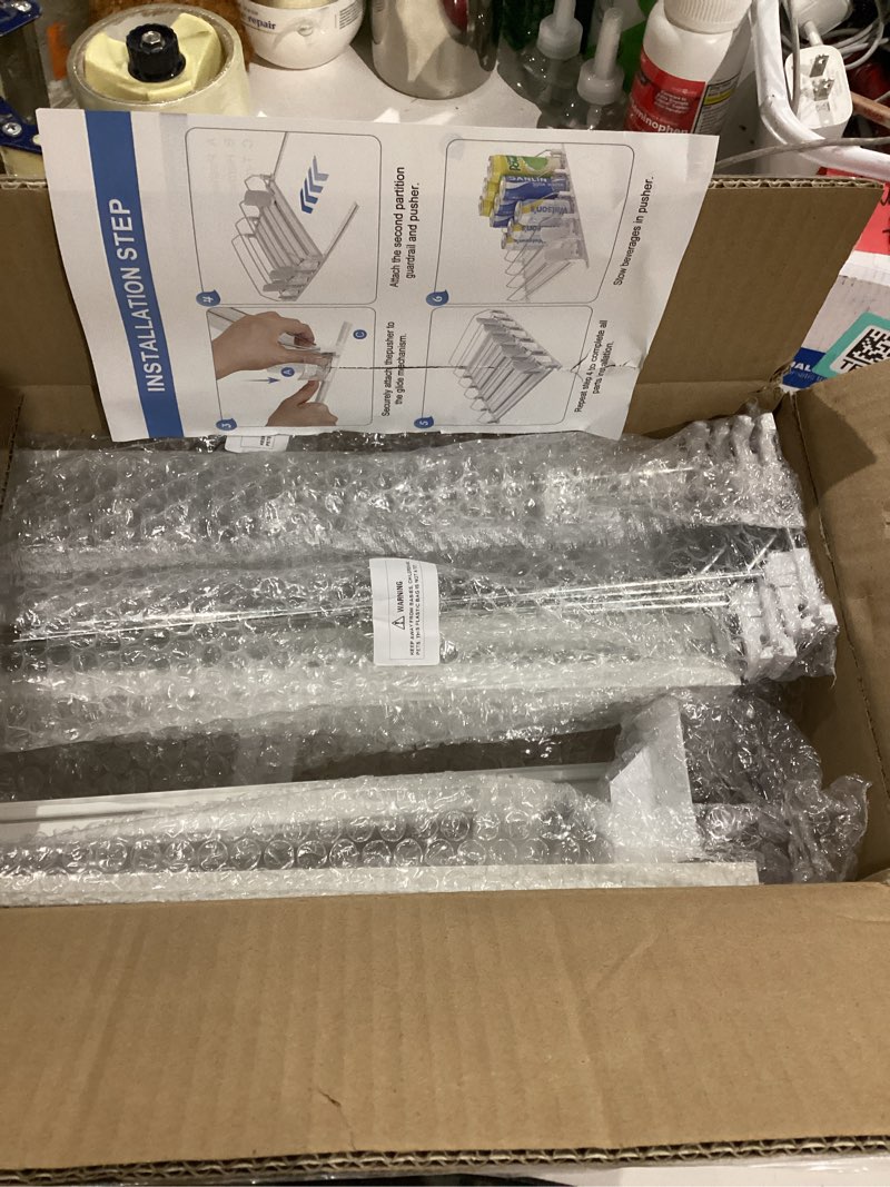 Condition photo showing Good Condition for Puricon Drink Organizer for Fridge - Spring Loaded Pusher Glide, Self Pushing Soda Can Dispenser, Beer Bottle Beverage Holder for Refrigerator - 4 Rows, White White 14.9"D x 13.4"W— 4 Rows