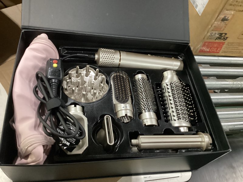 Condition photo showing As Is for 8-in-1 dual voltage hot air styler & hair dryer brush (100-240v) with straightener & curler attachments, 110,000 rpm ionic fast drying for frizz-free styling, gifts for mom women champagne gold
