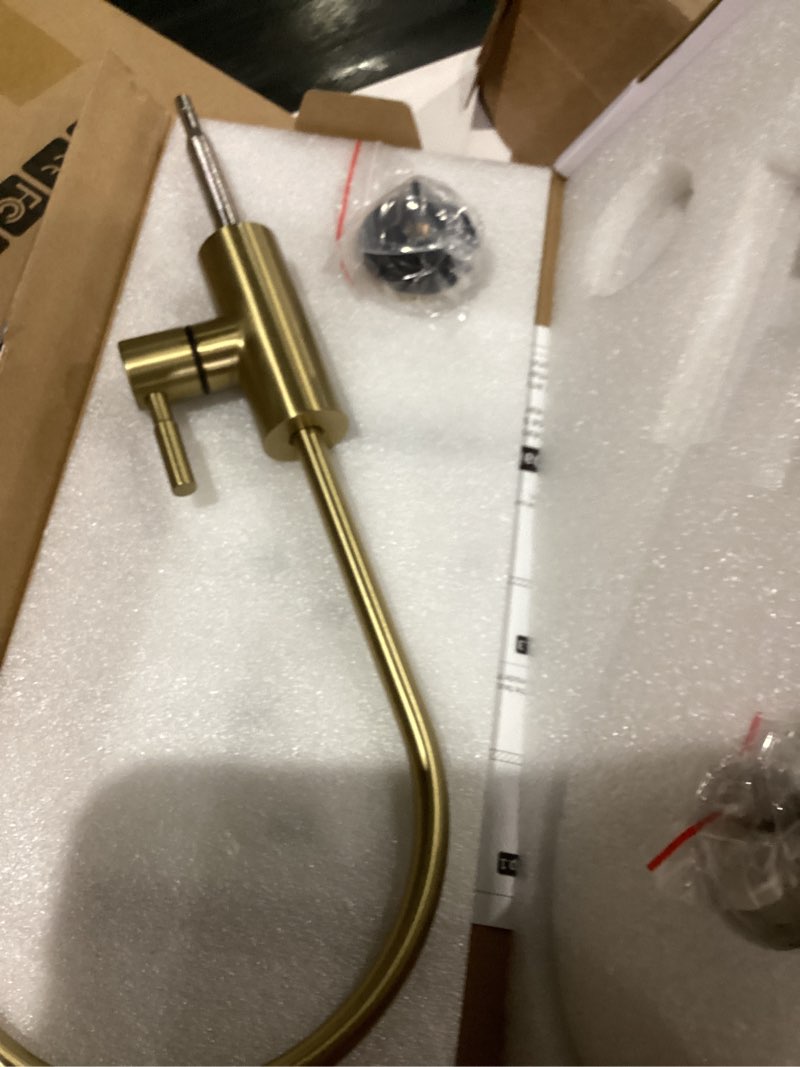 Condition photo showing As Is for filtered water faucet, ro drinking water faucet for reverse osmosis, goose neck spouts, lead-free, non-air gap, stainless steel, brushed gold