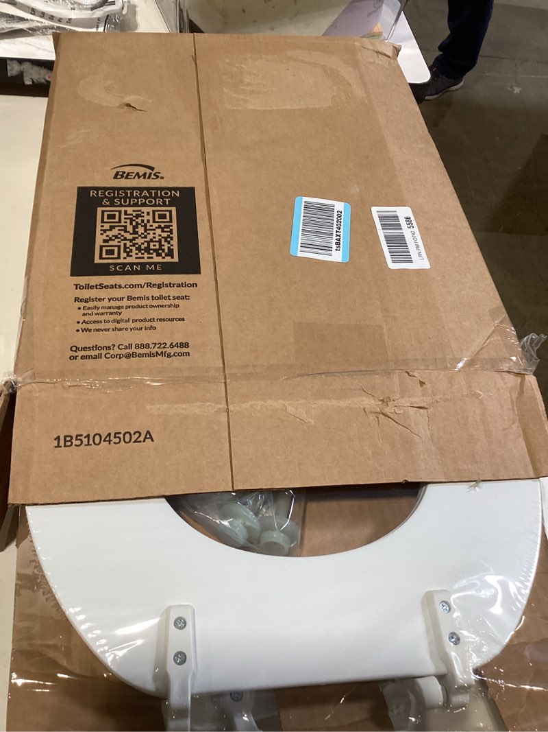 Condition photo showing New/Like New for mayfair padded toilet seat, cushioned soft vinyl over wood core seat, secure hinges, easy clean, made in usa, round, white round white toilet seat