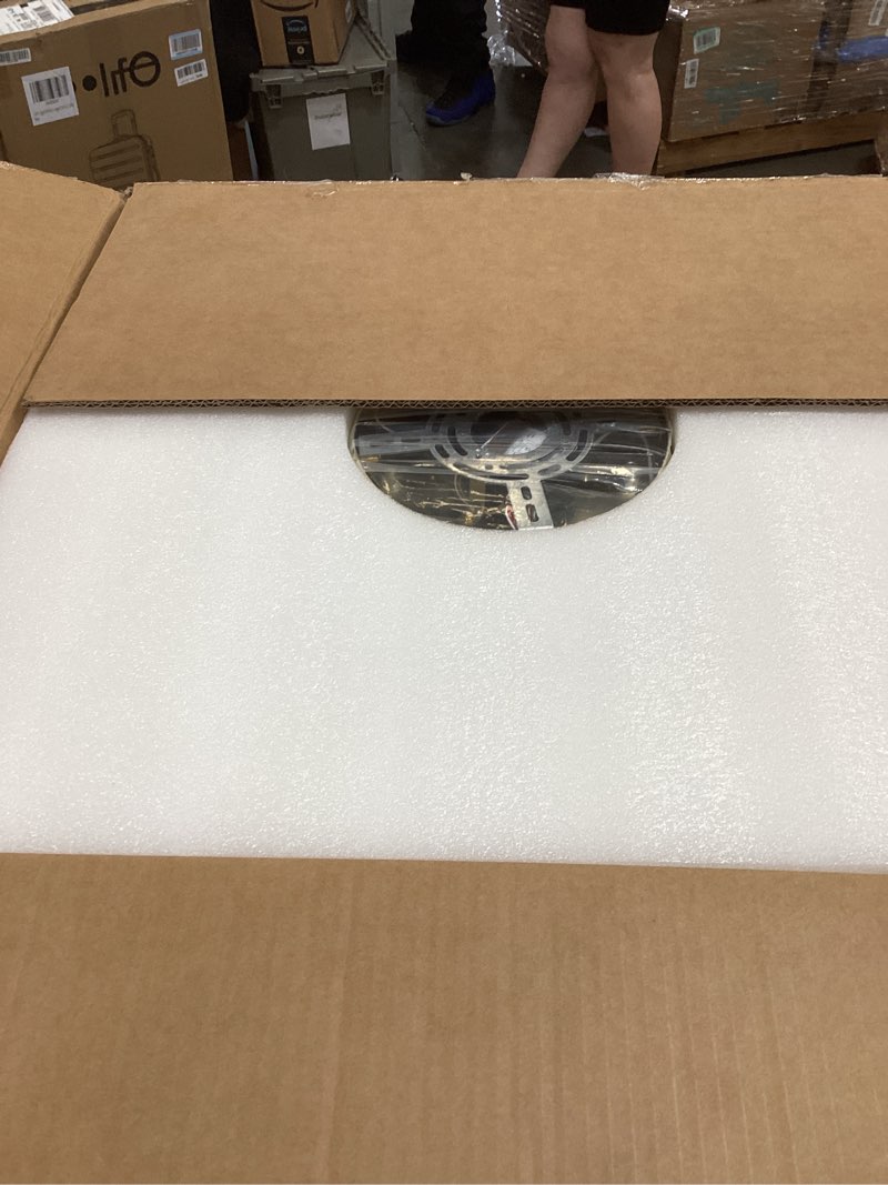 Condition photo showing New/Like New for 22" low profile flush mount ceiling fan, ceiling fan with light and remote, dimmable fandelier with crystal lampshade, bladeless enclosed fan light-gold