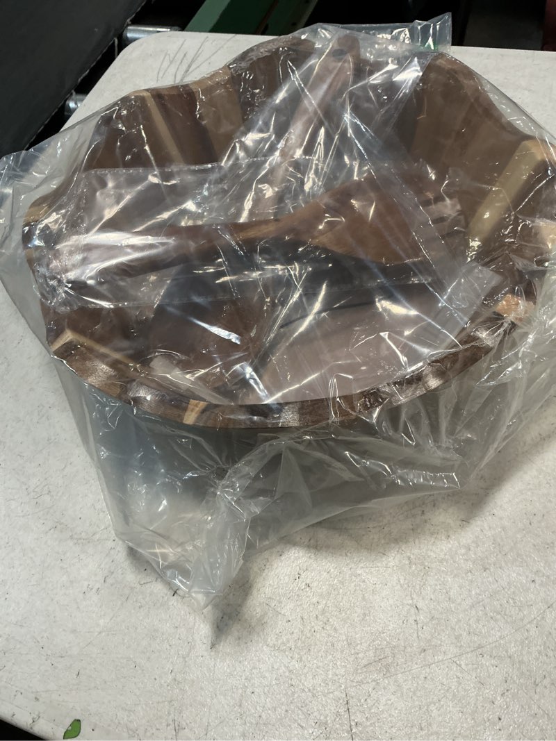 Condition photo showing Good Condition for lemonroad wooden salad bowls set 12 inch wavy large acacia wood serving bowl with 2 wooden hands 2 utensils fork spoon for fruit, salad, cereal, corn flake, pasta, food(irregular shaped)