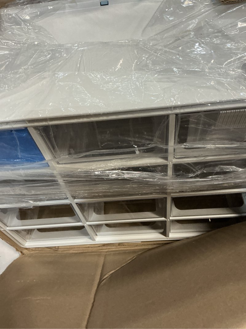 Condition photo showing New/Like New for blue ginkgo large 12-drawer cabinet – stackable clear organizer for hardware, beads, plastic bricks, office, and craft storage (made in korea, blue) 12 drawer blue