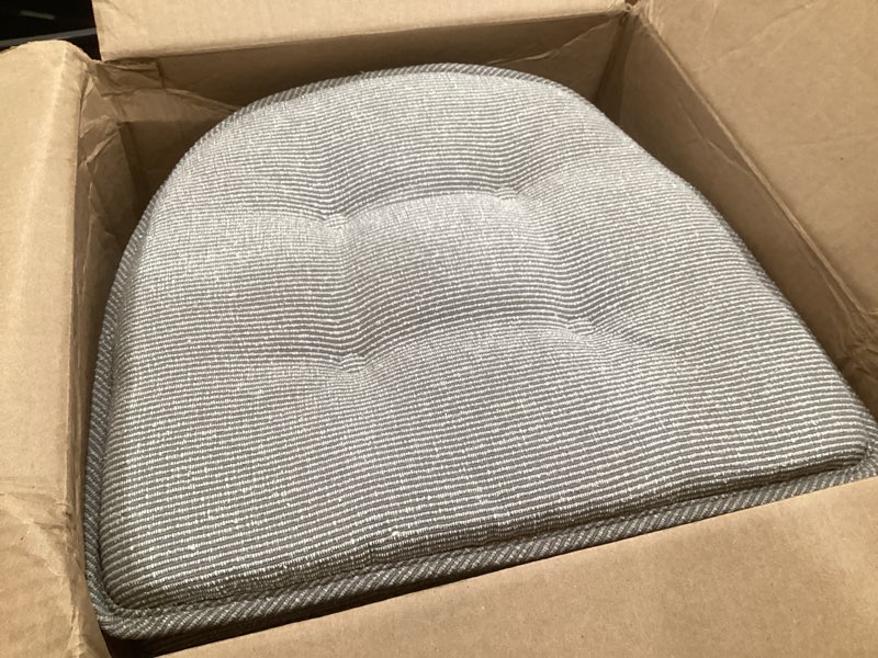 Condition photo showing As Is for klear vu omega non-slip chair cushions, assembled in usa, u-shaped skid-proof seat pads for dining, kitchen, office, 15"x16", 6 pack, slub gray slub gray 6 pack