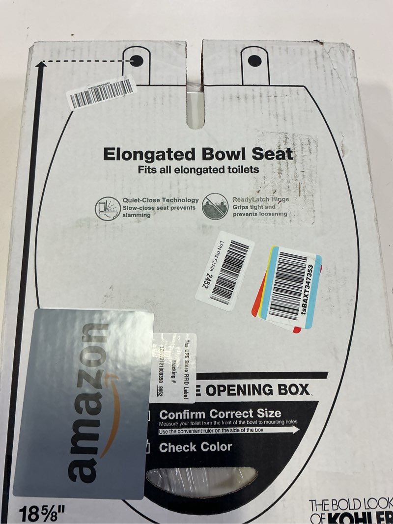 Condition photo showing New/Like New for KOHLER 4636-RL-0 Cachet ReadyLatch Elongated Toilet Seat Slow Close, Soft Close Toilet Seat Quiet Lid, Contoured Grip-Tight Bumpers Installation Hardware, Apartment Essentials, White White Elongated Ready Latch