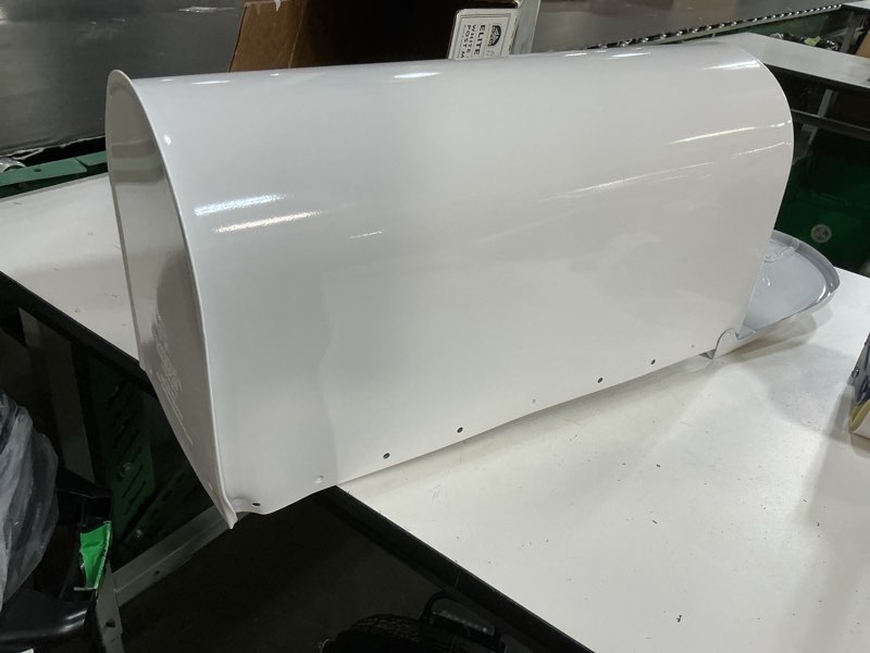Condition photo showing As Is for architectural mailboxes elite white, large, steel, post mount mailbox