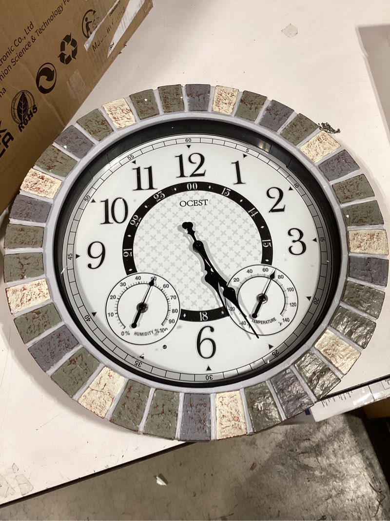 Condition photo showing Good Condition for ocest 18 inch outdoor wall clock with night light, waterproof thermometer & hygrometer combo, battery operated silent non-ticking large patio clock for garden, pool, porch (rustic gray)