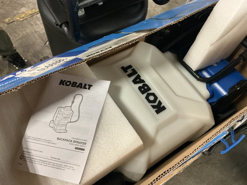 Condition photo showing As Is for kobalt 4-gallon 40-volt battery operated plastic backpack sprayer battery and charger included