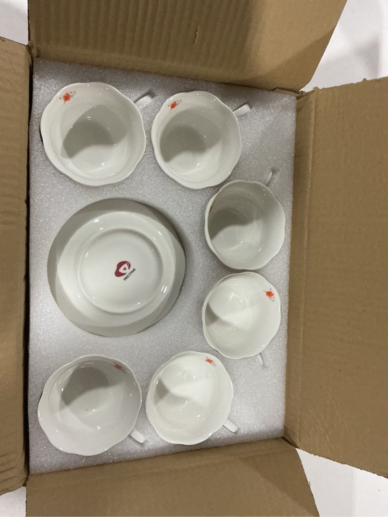 Condition photo showing Good Condition for 12-piece porcelain tea cup set, 6 cups & 6 saucers with classic rose pattern, ceramic 6oz scalloped cups, dishwasher & microwave safe