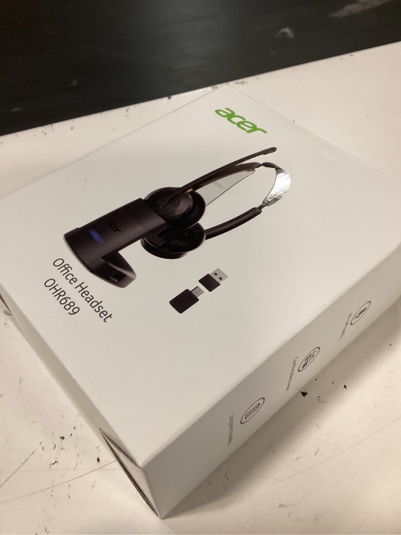 Condition photo showing New/Like New for wireless headset with mic for work, ai enc noise cancelling for clear call ? meeting, work headset with charge stand for remote & office, bluetooth 5.3 & 2.4g dongle headset for pc, phone, teams, zoom black golden