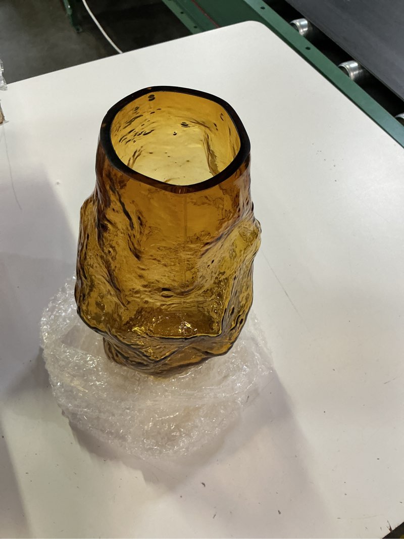 Condition photo showing New/Like New for amber glass vase 11in, hand blown brown flower vase, modern vase for pampas grass & fresh flowers, brown centerpiece vase, amber home decor vases
