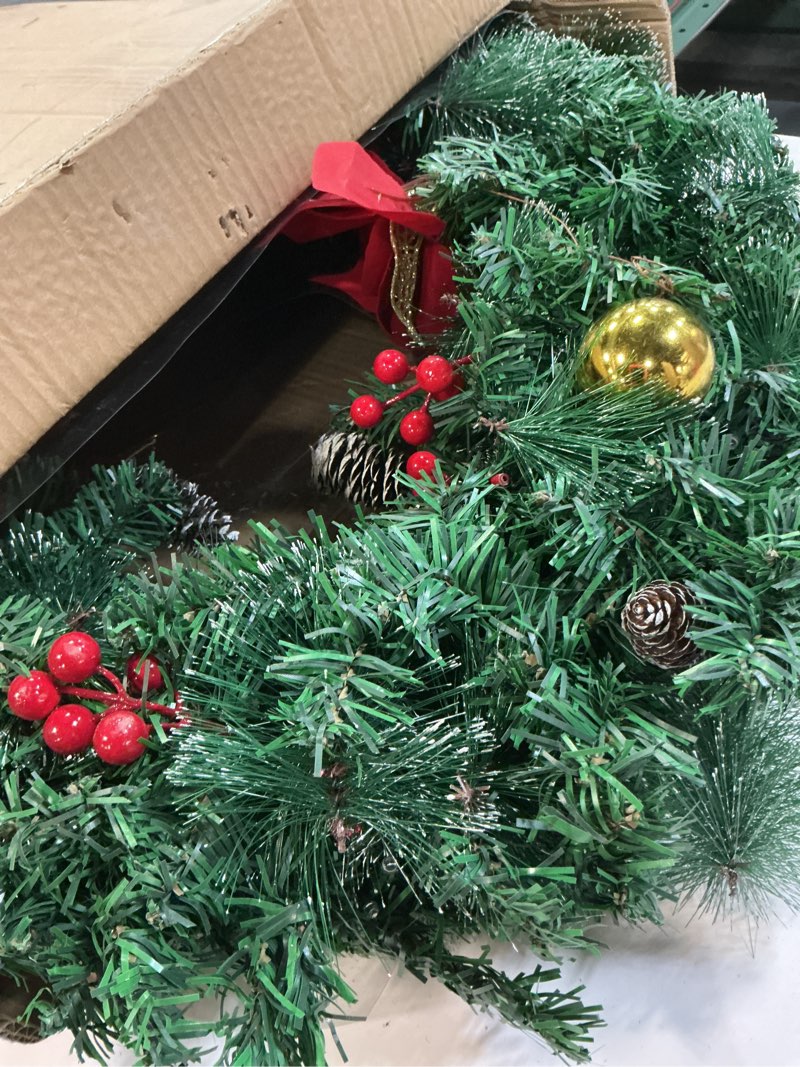 Condition photo showing Good Condition for 30 inch super large snowy prelit christmas wreath for front door timer 80 colorful lights dual frame 4 poinsettia 8 balls 220 branch 12 pinecone 60 red berries battery operated christmas decor home