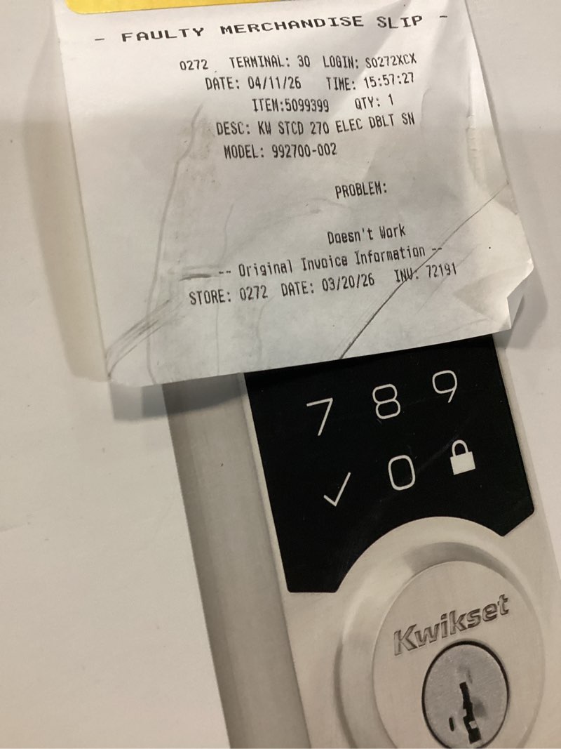 Condition photo showing As Is for kwikset smartcode 270 traditional satin nickel touchpad single cylinder electronic deadbolt featuring smartkey security