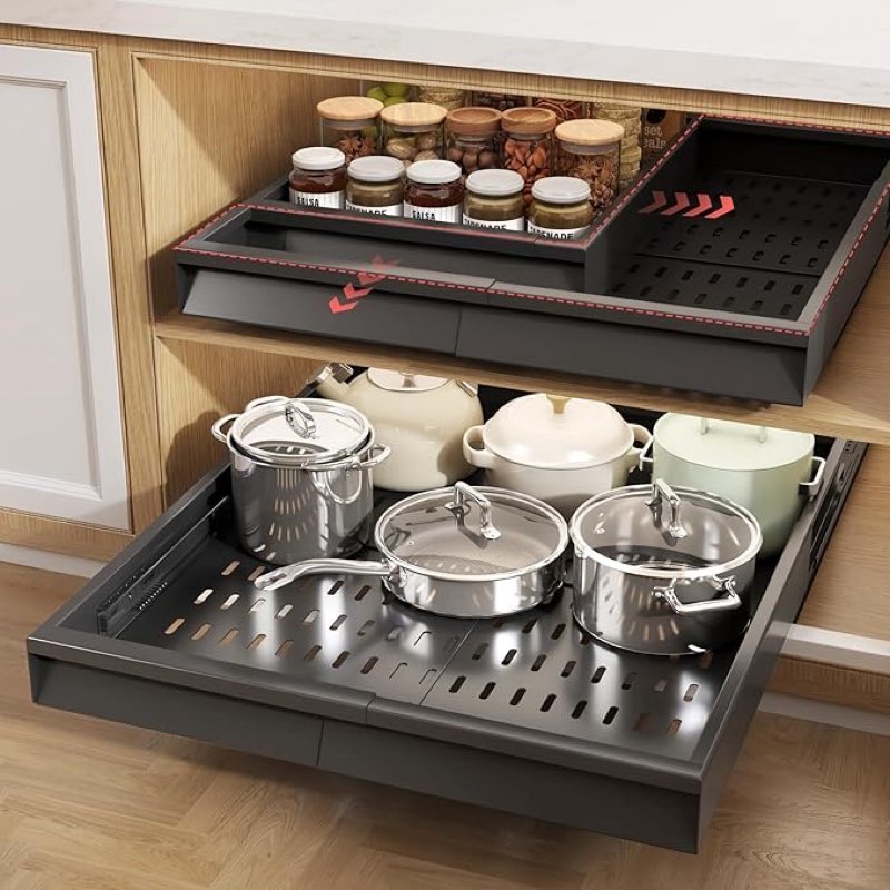 2 pack pull out cabinet organizer with raising pad for framed cabinets,expandable width (13"-21") and depth (17"-24"),3 slide rails slide out drawers with handle,no-drill roll out shelf,black