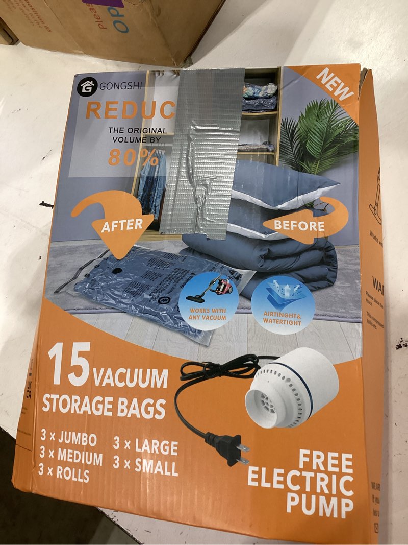 Condition photo showing As Is for gongshi vacuum seal bags for clothing travel & home storage, travel vacuum bags with electric pump,space saver for blankets, comforters, pillows, clothes,15 combo