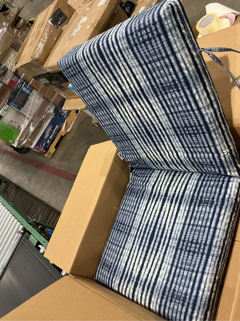 Condition photo showing Good Condition for arden outdoor patio dining chair cushion, 20x44, rain-proof seat pad, fade-resistant outdoor cushion blue shibori stripe 1 pack blue shibori stripe