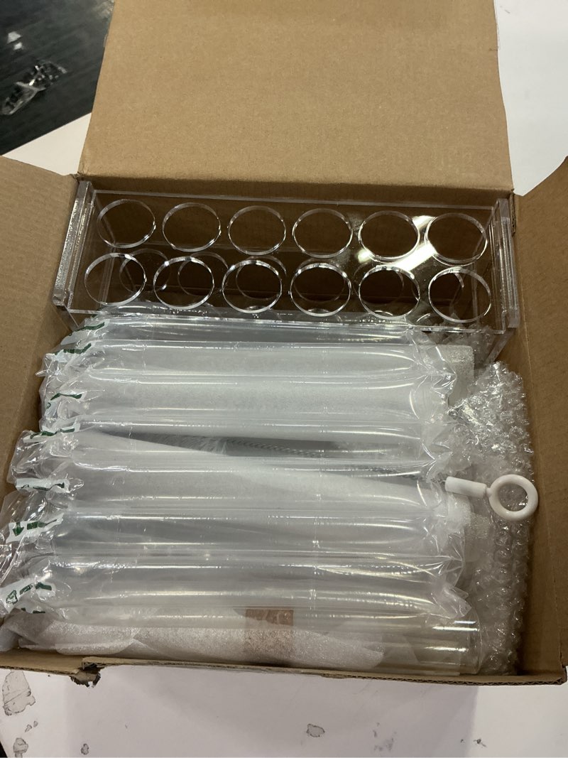 Condition photo showing Good Condition for 12pcs 60ml Glass Test Tube with Cork Stopper, 25x180mm Storage Tube with Cap, 12 Holes Acrylic Rack, Plant Propagation Vase, Tube Set for Scientific Experiments Lab Candy Liquid Party Decor