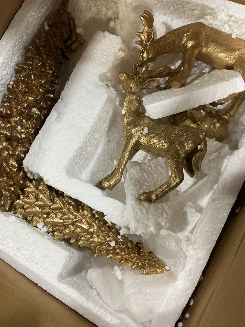 Condition photo showing As Is for DN DECONATION Christmas Reindeer and Tree Decor – Set of 5 Gold Xmas Reindeer with Christmas Tree Statues – Vintage Resin Woodland Forest Animals Deers for Table Mantle, Indoor Winter Decor Gold Set of 3