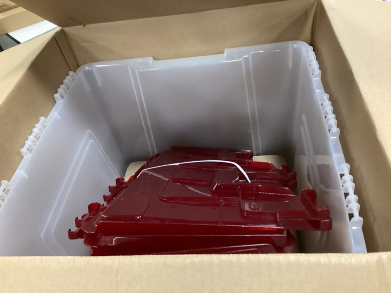 Condition photo showing As Is for ( incomplete) IRIS USA Ornament Storage Box with Attached Lid, Stores 75 Ornaments per Bin, 2-Pack, Stackable Durable Christmas Storage Organization Container Bin for Holiday Decorations and Accessories, Clear/Red 60 Qt - 2 Pack