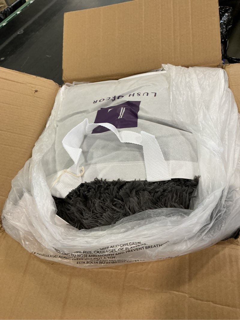 Condition photo showing As Is for Lush Decor Emma Soft Fluffy Faux Fur Kids College Dorm Oversized Comforter Set, Full/Queen, Dark Gray - Warm Plush 3 Piece Bedding Set Dark Gray Full/Queen Comforter Set