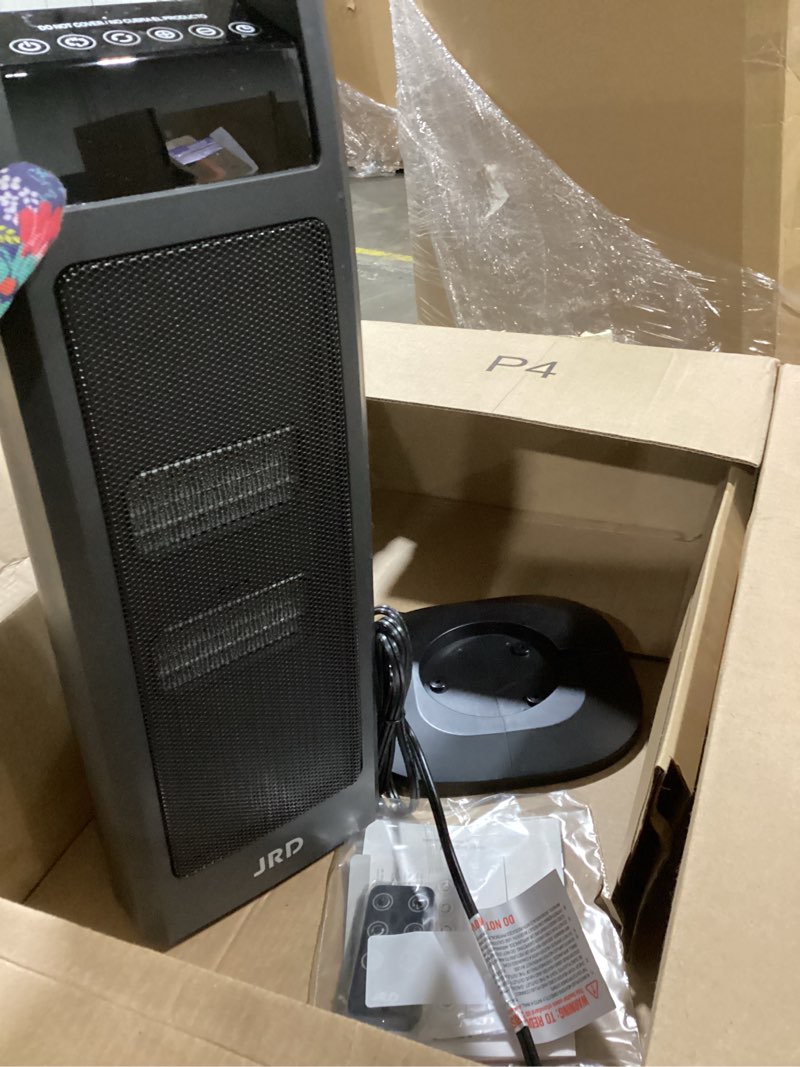 Condition photo showing As Is for Space Heater Indoor Use, JRD 24" Fast Electric Heater with Remote, Thermostat, 75° Oscillation, 1-8H Timer, Safe Protection, 1500W Portable Heater for Large Room Bedroom Office Garage Black