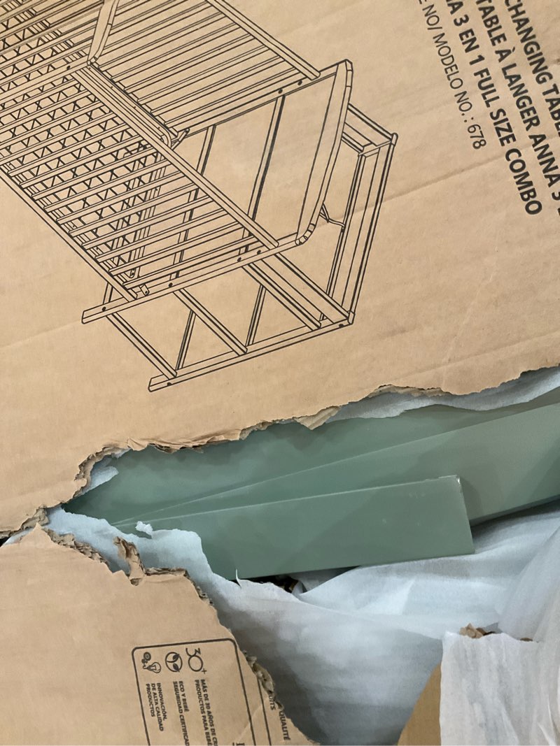 Condition photo showing As Is for dream on me anna 4 in 1 full size crib and changing table combo in meadow green, greenguard & baby safety alliance certified, converts from baby crib to toddler bed and day bed meadow green 53.2"l x 29"w x 38"h