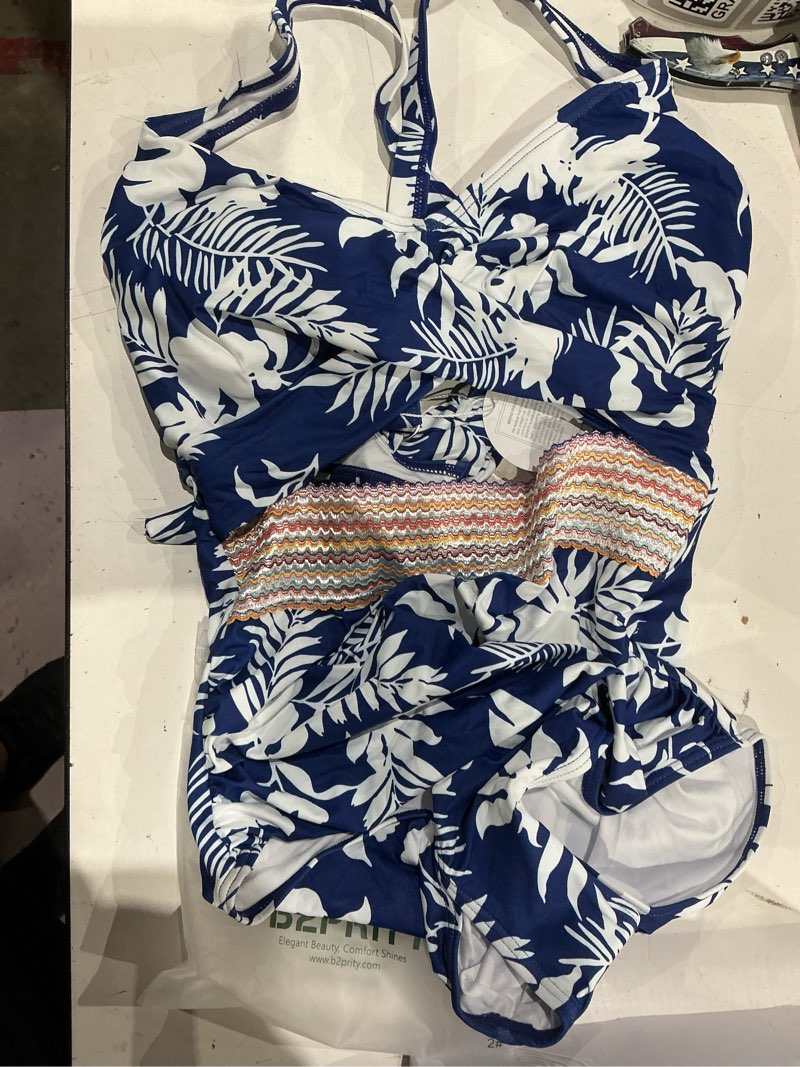 Condition photo showing As Is for b2prity women's one piece swimsuit tummy control high waisted bathing suit | color block,removable soft cups,cutout,v neck,full coverage,adjustable criss cross straps,tie back medium navy blue leaf