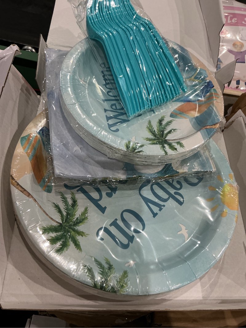 Condition photo showing New/Like New for grencian 96 pcs baby on board baby shower decorations, serves 24 | surfing summer party plates and napkins wave beach baby on board set for boys summer baby shower bday hawaiian party supplies baby on board kit