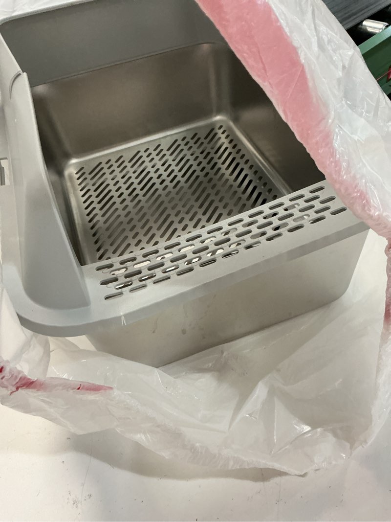 Condition photo showing As Is for stainless steel litter box with lid, sifting litter box for pine pellets, 17.3”×13.4”×10.5” enclosed metal litter boxes for small cats & kittens, high sided anti-leakage, easy cleaning, less tracking
