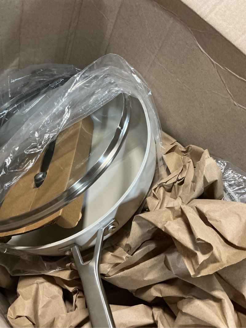 Condition photo showing As Is for kitchenaid hard anodized ceramic induction nonstick cookware saute pan/jumbo cooker with lid and helper handle, dishwasher safe, 5 quart sauteuse with stainless steel handles - porcelain white porcelain 5-quart