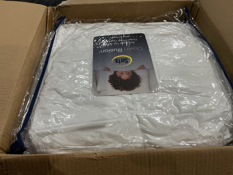 Condition photo showing As Is for serta down illusion soft hypoallergenic 2 inch pillowtop simple fit mattress topper, full, white full white