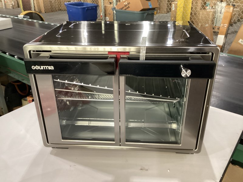 Condition photo showing New/Like New for Gourmia French Door Air Fryer Oven - 37 Qt Large Capacity Convection Toaster Oven, FryForce 360°, Digital Display, 12 Cooking Presets, Dehydrate, Fits 13” Pizza, Dishwasher-Safe, Stainless Steel Silver