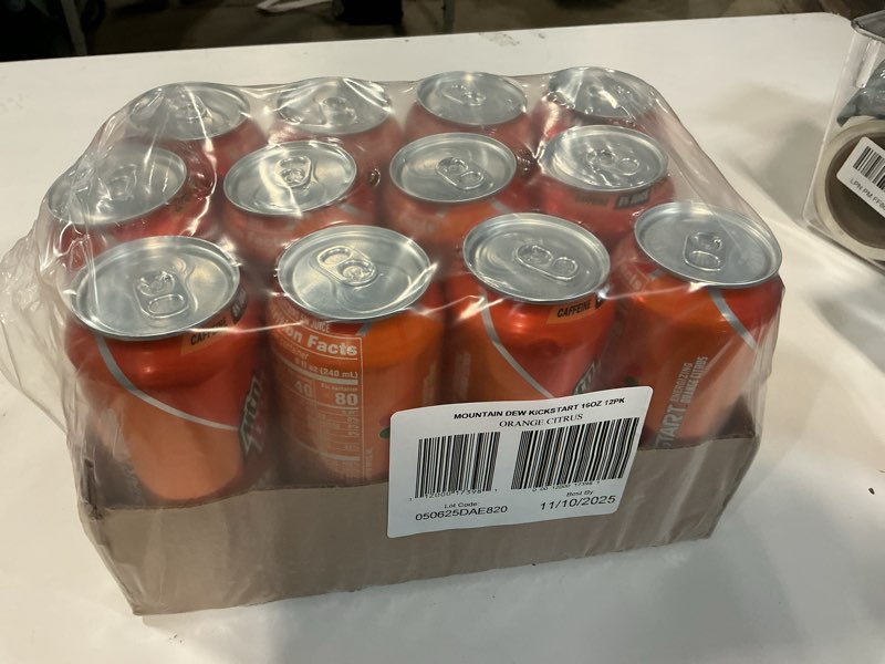 Condition photo showing New/Like New for  (BBD : 11 /10 /2025 ) Mountain Dew Kickstart, Orange Citrus, 92mg Caffeine, Vitamins B & C, 80 Calories, 5% Juice, 16 Fl Oz (Pack of 12) Orange Citrus 16 Fl Oz (Pack of 12)