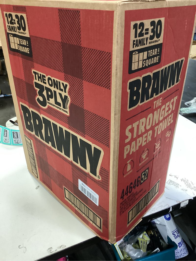 Condition photo showing New/Like New for Brawny Tear-A-Square 3-Ply Paper Towels, 12 XL Family Rolls = 30 Regular Rolls, Strong, Absorbent, and Durable with 3 Sheet Sizes (Quarter, Half, Full) New