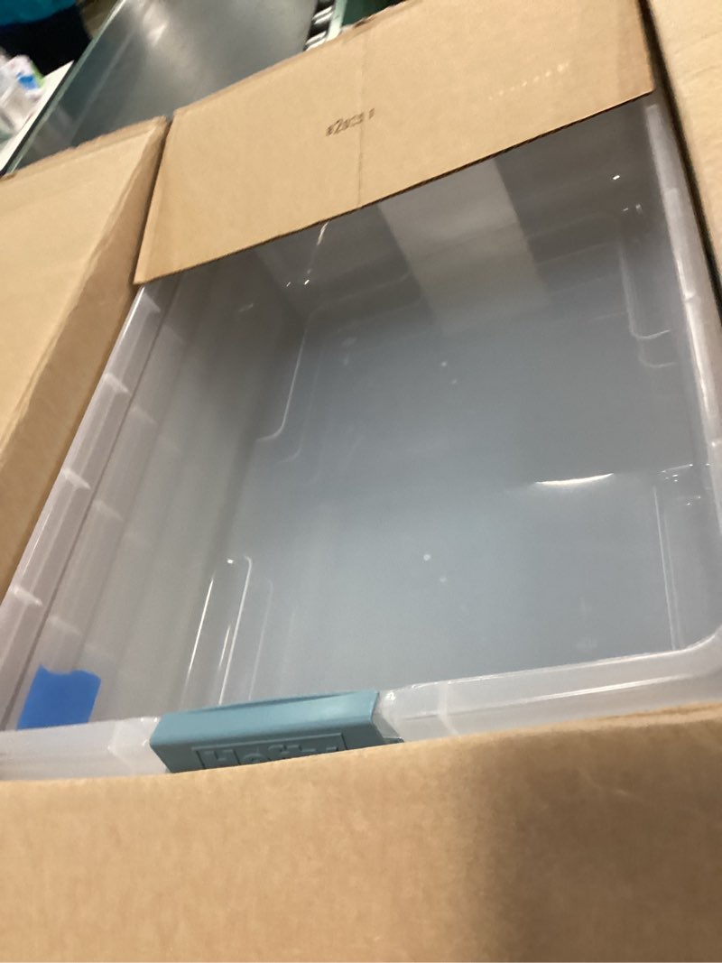 Condition photo showing Good Condition for Hefty HI-RISE 40 Qt Stackable Storage Bins with Lids – 6 Pack Clear Plastic Under Bed Storage Containers, Shoe Organizer Boxes with XL Lid-Locking Latches, Comfort-Grip Handles, Durable Double Rim 40 Qt - 6 Pack