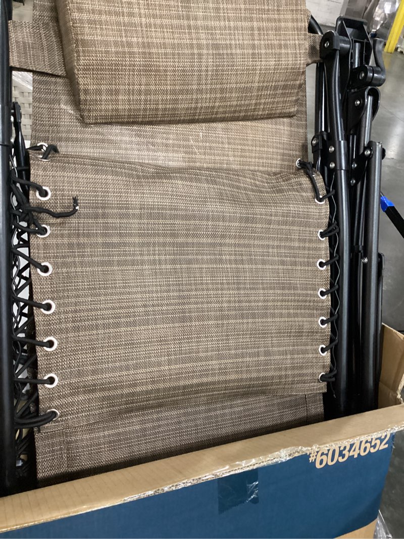 Condition photo showing As Is for style selections black steel frame stationary zero gravity chair with tan sling seat