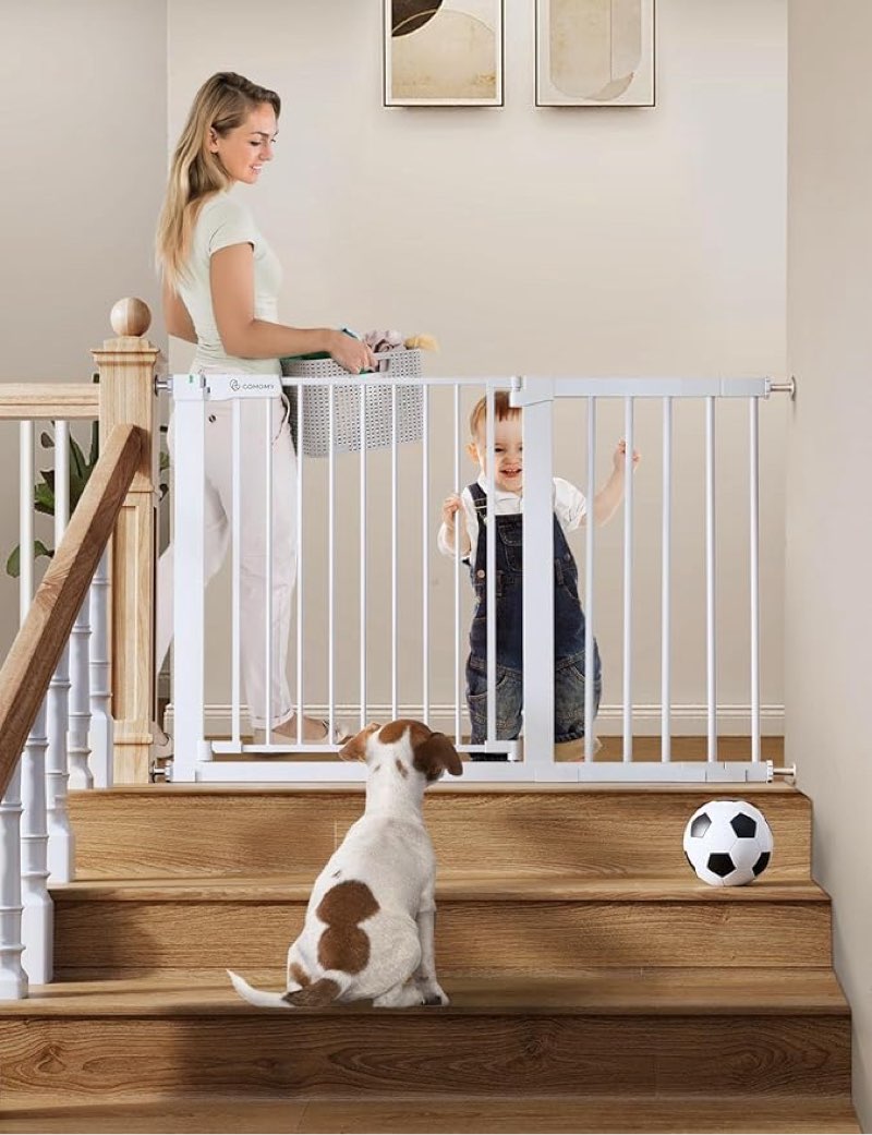 COMOMY 30" Tall Baby Gate for Stairs Doorways, Fits Openings 29.5" to 46" Wide, Auto Close Extra Wide Dog Gate for House, Pressure Mounted Easy Walk Through Pet Gate with Door, White