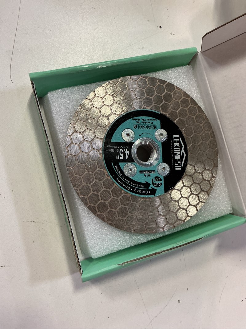 Condition photo showing Good Condition for 4.5 Inch/115MM Diamond Cutting Disc - Tile Saw Blade Cutting Wheel Double-Sided Diamond Discs for Cutting Grinding Porcelain Ceramic Tile Marble Granite,5/8"-11 Thread 4.5 inch (115mm) - 5/8"-11 Thread